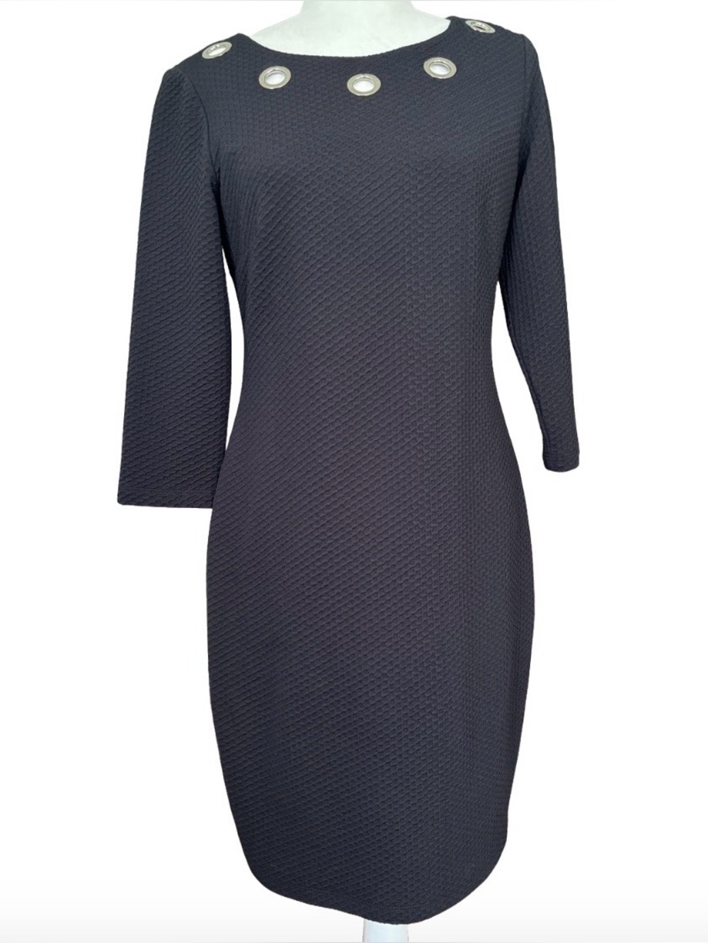 Frank Lyman Black 3/4 Sleeve Grommet Detail Sheath Dress Modern Edge Size 12